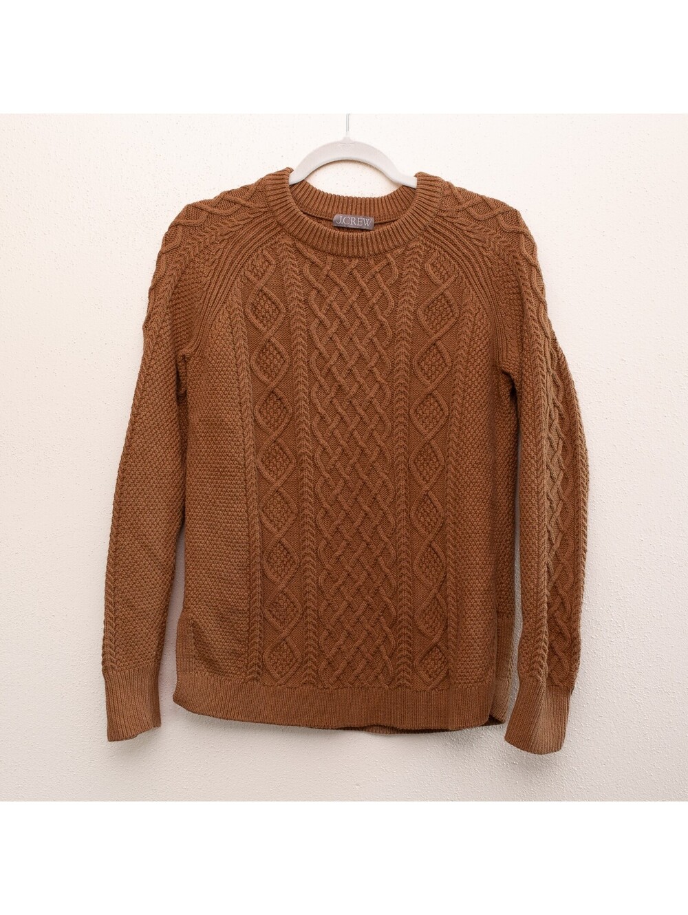 J.Crew Cable Knit Crew Neck Sweater Camel Preppy Cottagecore Cozy Womens M